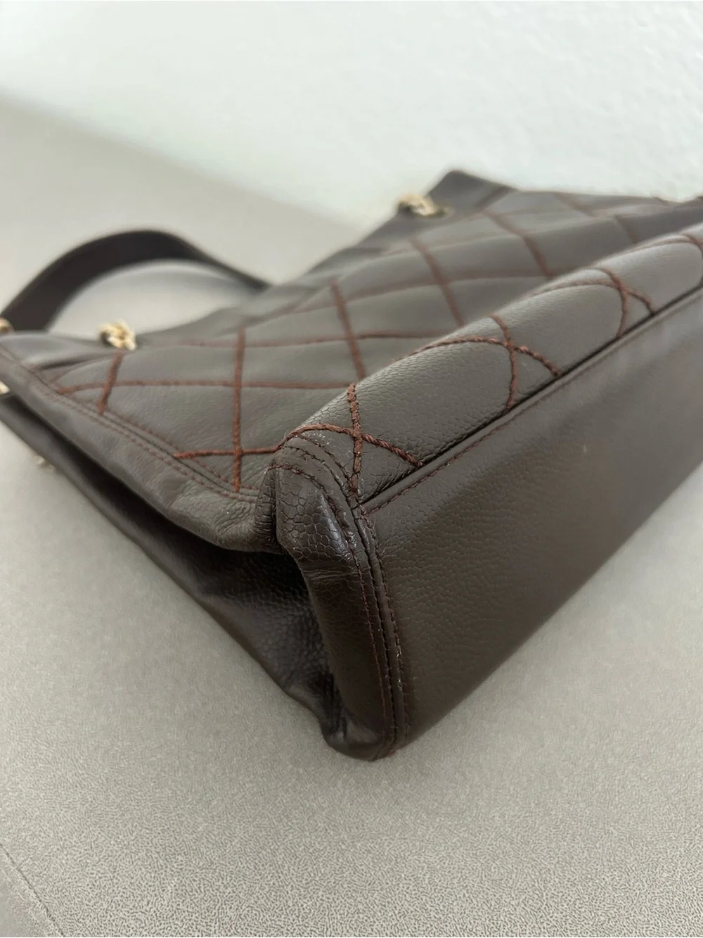 Chanel caviar leather quilted brown small tote handbag